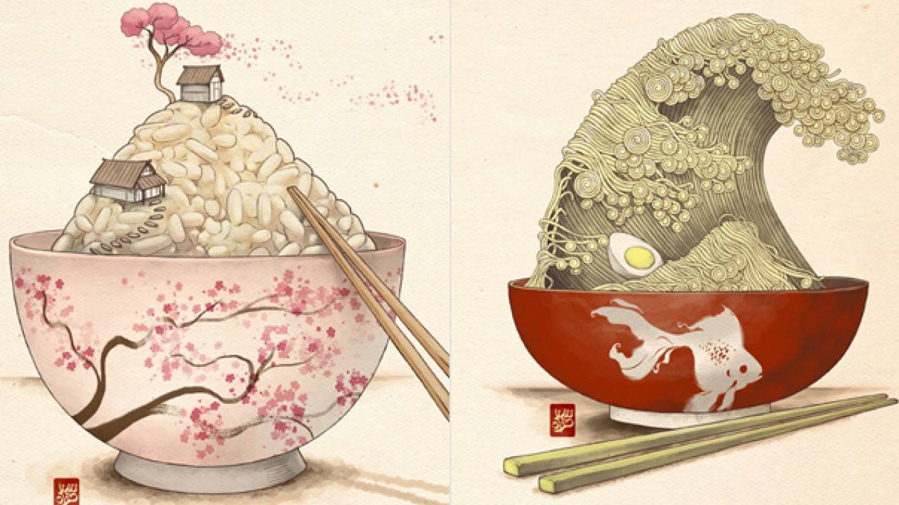海外発、日本の食事と景観をミックスさせたイラストがほっこり可愛い！