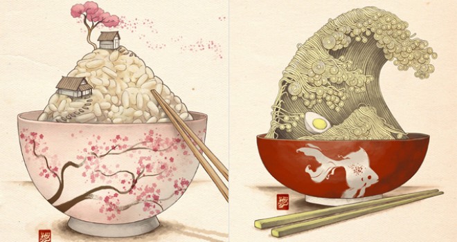 海外発 日本の食事と景観をミックスさせたイラストがほっこり可愛い