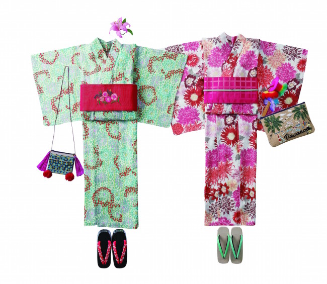 KEITA MARUYAMA〉 左：むじな菊をグリーンの配色にのせた一枚。 仕立上り浴衣　菊　43,000円／右：ダリア　43,000円