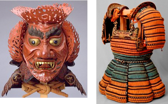 左:三宝荒神形兜、右:紅糸中浅葱威腹巻