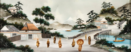 「富士山風景図」　写真貼付ガラス絵　絵の中に写真が貼り込まれています。