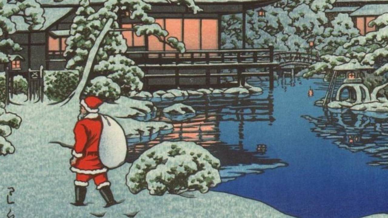 これは珍しい浮世絵！プレゼント持ったサンタが日本庭園を歩く、川瀬巴水「雪庭のサンタクロース」
