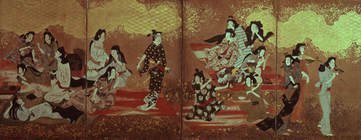 重要美術品　(無款)　「桜狩遊楽図屏風」 寛永期(1624-44)　　個人蔵
