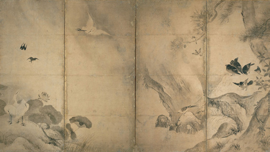 四季花鳥図屏風（右隻）　能阿弥　応仁3年（1469）　重要文化財　出光美術館蔵