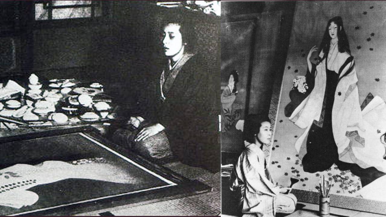 これは貴重な写真！男尊女卑の時代を生きた女性日本画家「上村松園」の代表作の制作風景