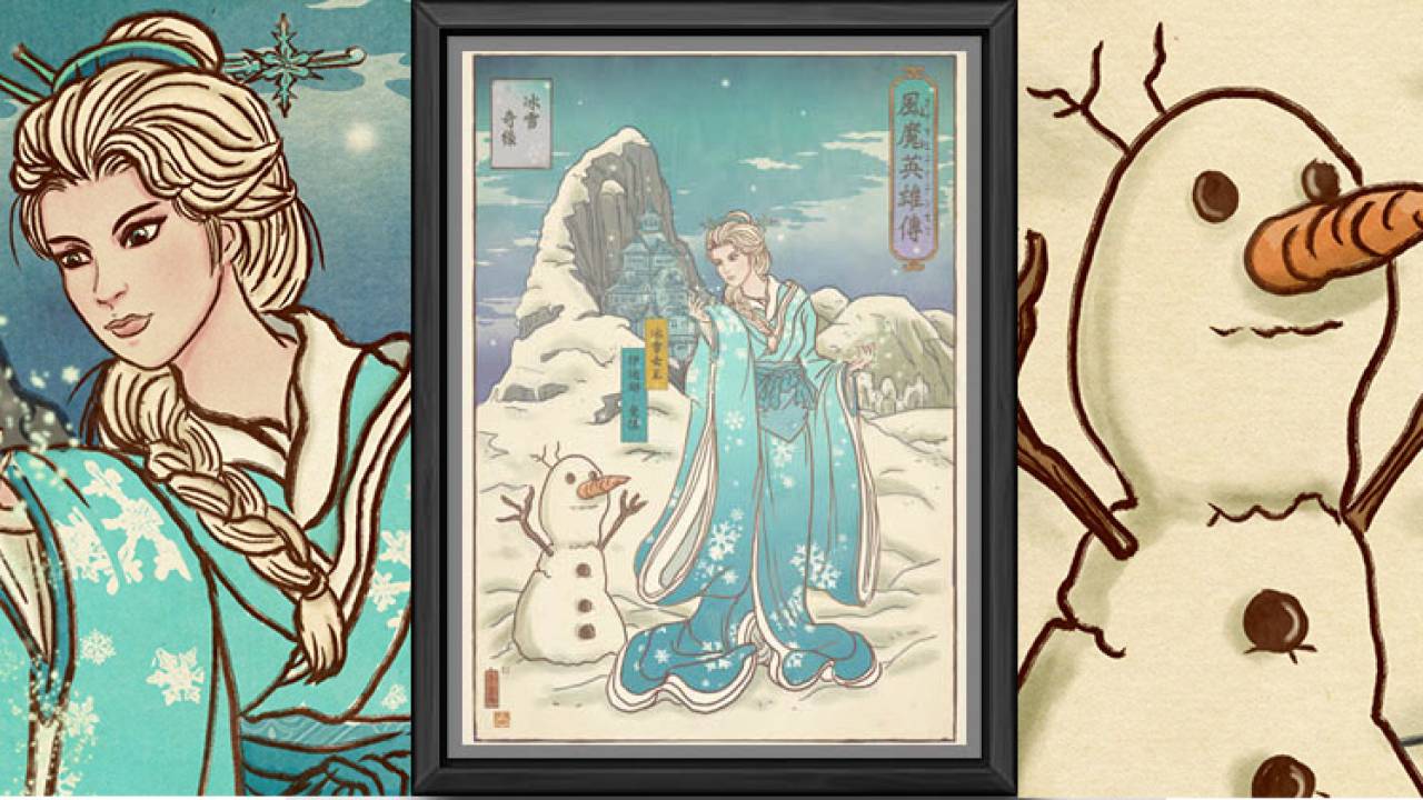 エルサが着物 アナと雪の女王 のエルサとオラフを浮世絵風に描いた海外作品がおもしろ アート 日本画 浮世絵 Japaaan