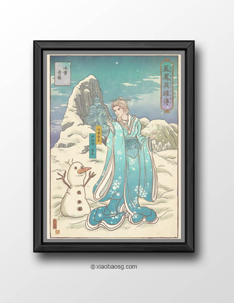 エルサが着物 アナと雪の女王 のエルサとオラフを浮世絵風に描いた