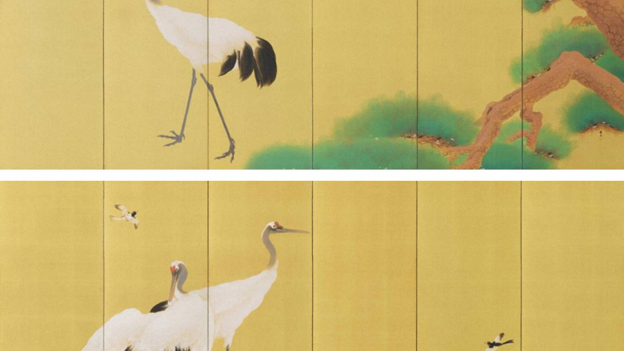 木村武山 松に鶴図屏風 | - Japaaan
