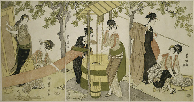 井戸端の洗濯と洗い張り　画：歌川豊国　シカゴ美術館所蔵