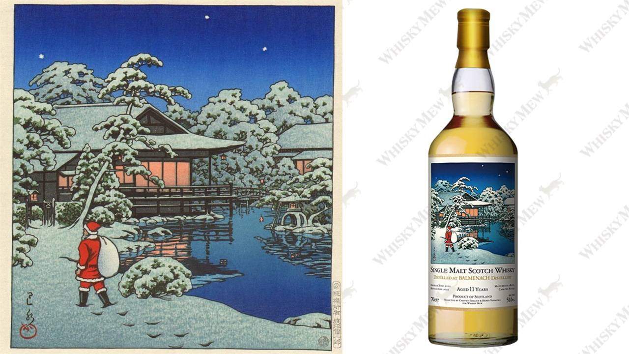 クリスマスが題材のとても珍しい浮世絵『雪庭のサンタクロース』がウイスキーのラベルデザインになりました