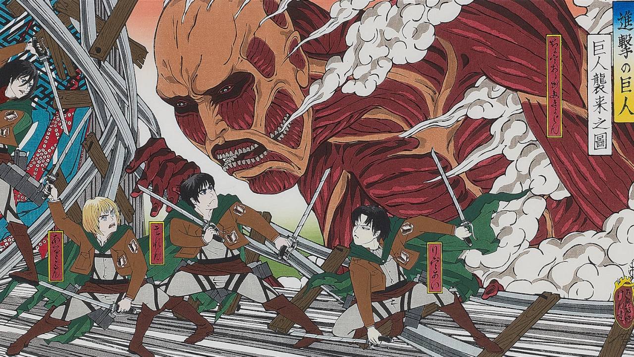 歌川国芳の名画モチーフに「進撃の巨人」を浮世絵で表現した『巨人襲来之図』に新色バージョン登場