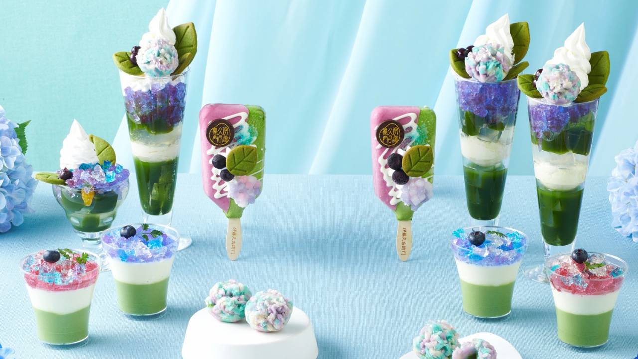 この美しさ！雨露に濡れるあじさいをイメージした『紫陽花パフェ』が今年も「伊藤久右衛門」に登場